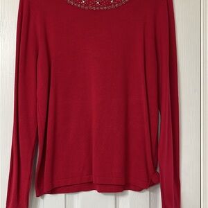 NWOT Red Long Sleeve Top with Beaded Neckline